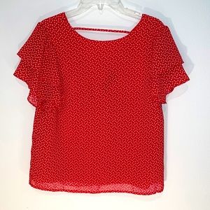 Cute flutter sleeve top - red with pink hearts, flutter sleeve